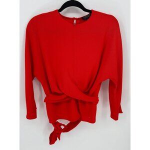 Top Shop Red Long Sleeve Wrap Front Blouse With Tie Detail